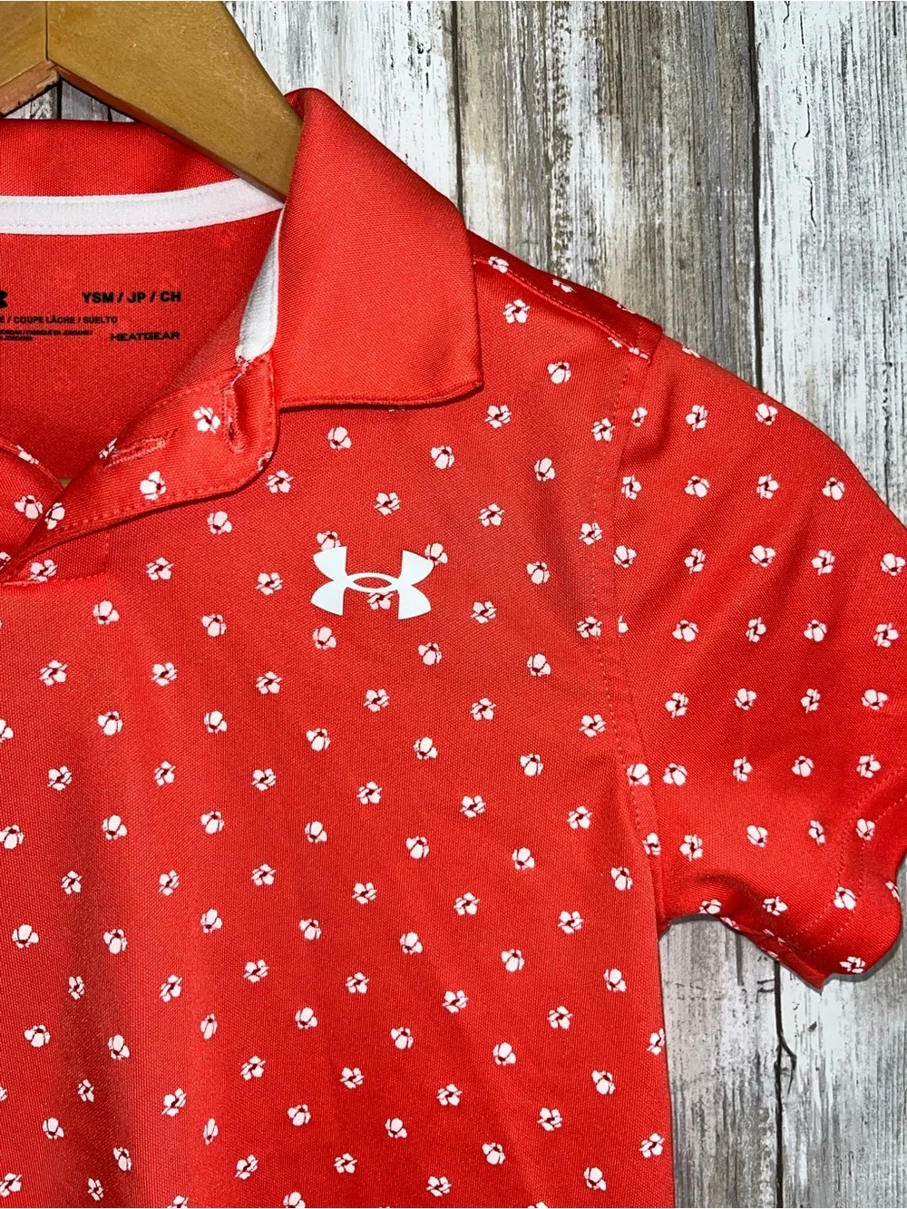 Under Armour Boys Golf Polo Small Youth Red Floral Print HeatGear Shirt - Picture 4 of 5